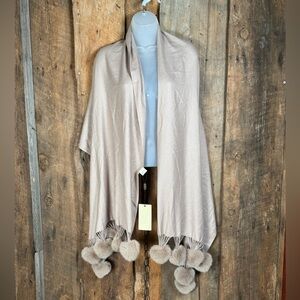 Jayley Beige Cashmere Blend Shawl with Pom Pom Trim
